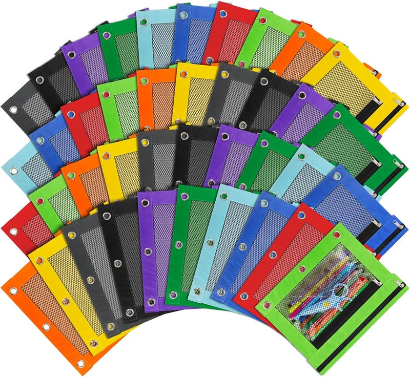 IKAYAS 40 Pcs Colorful Pencil Binder Pouch with Zipper, 3 Ring Binder Pencil Case for Classroom Supplies - Image 1